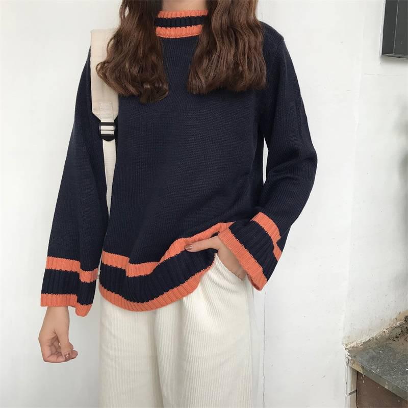 Pofulove Autumn Winter Sweater Female Korean Loose Was Thin Lazy Pullover Striped Base Sweater