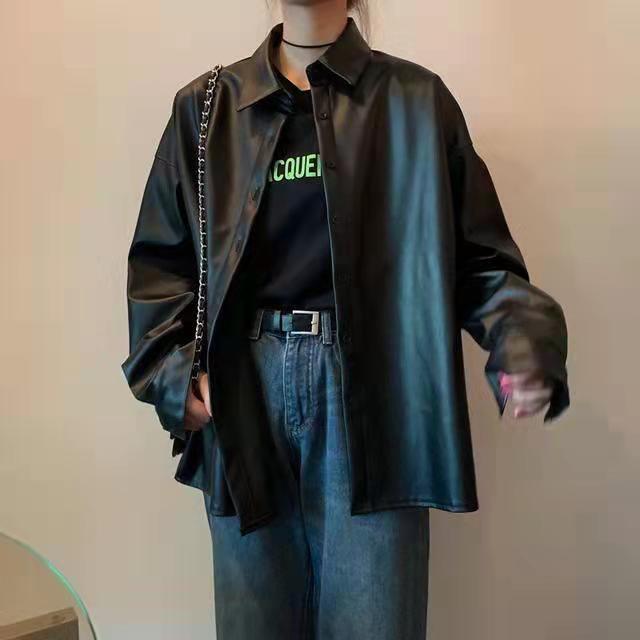 New Women PU leather blouses Spring Autumn Black Faux Leather Basic Coat Turn-down Collar Motor Biker Jacket