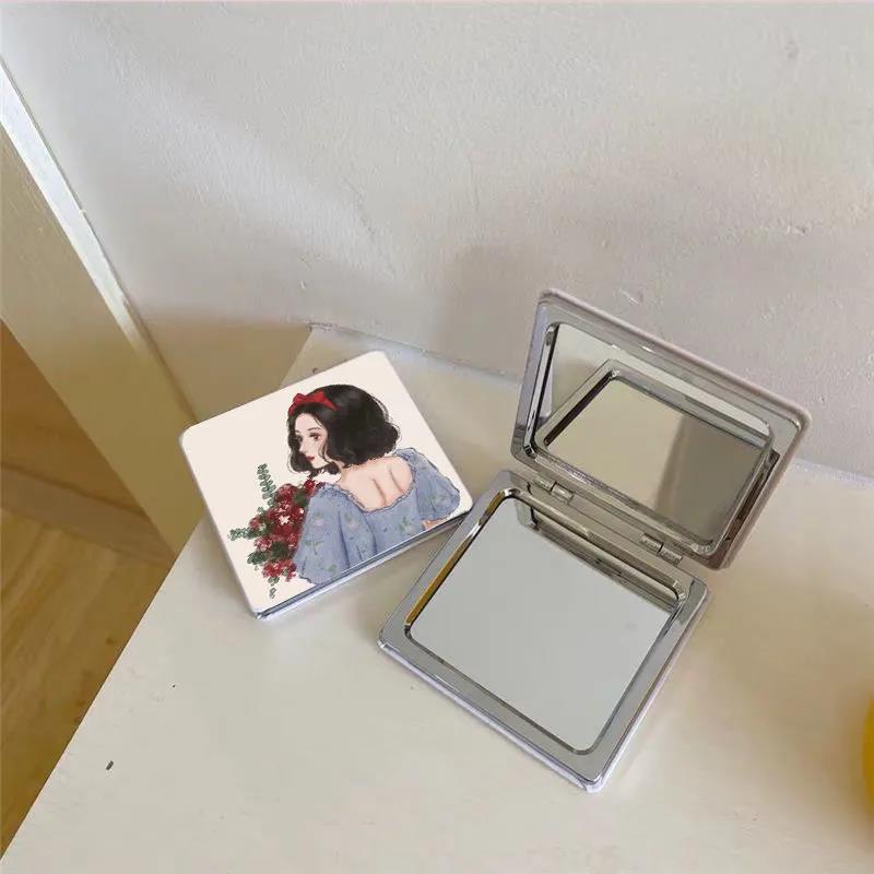 Double-sided Mirror with Flip Cover Cartoon PU Ladies Makeup Mirror Collapsible Must-have Makeup for Travel Appointment Portable HD Thin and Light