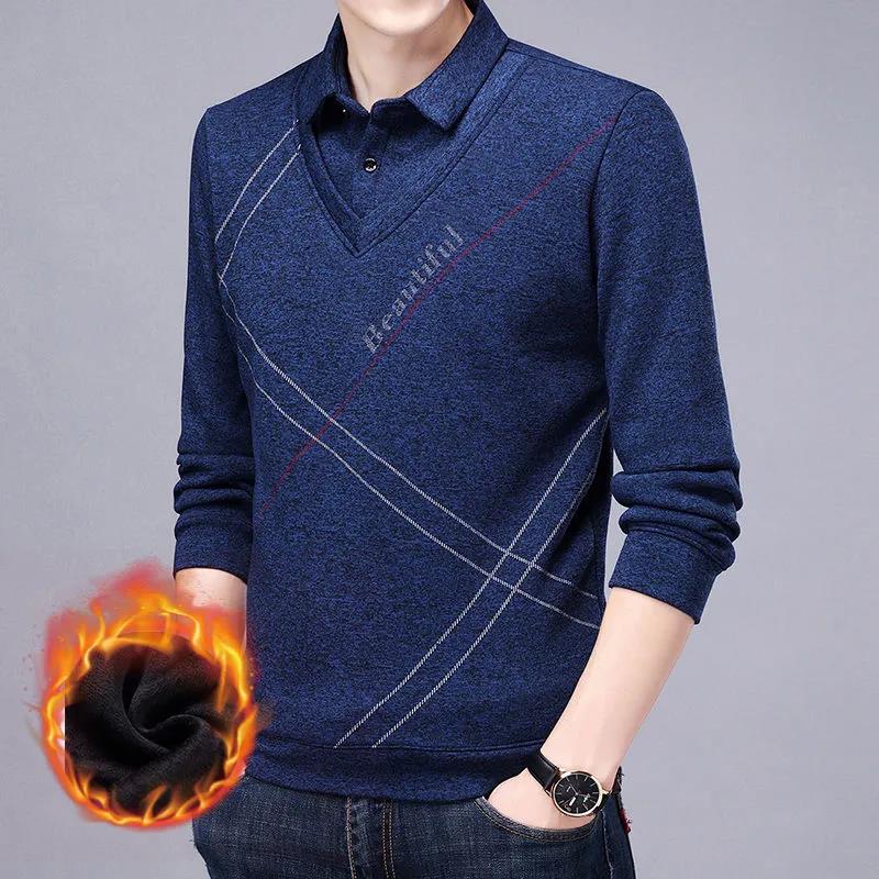 Fashion Spring Autumn Cotton Thick Men Polo Shirt Long Sleeve Warm Clothes Striped Tops Casual Polo Shirts Male