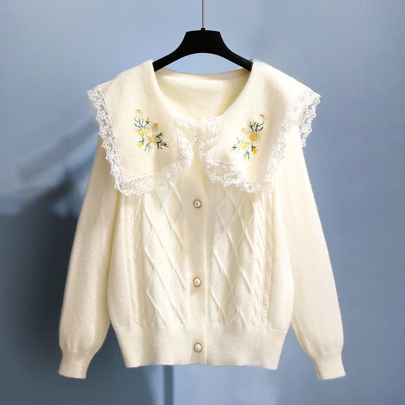 Peter Pan Collar Embroidered Sweater Cardigan Jacket Women's Autumn Korean Lace Large Collar Knit Sweater