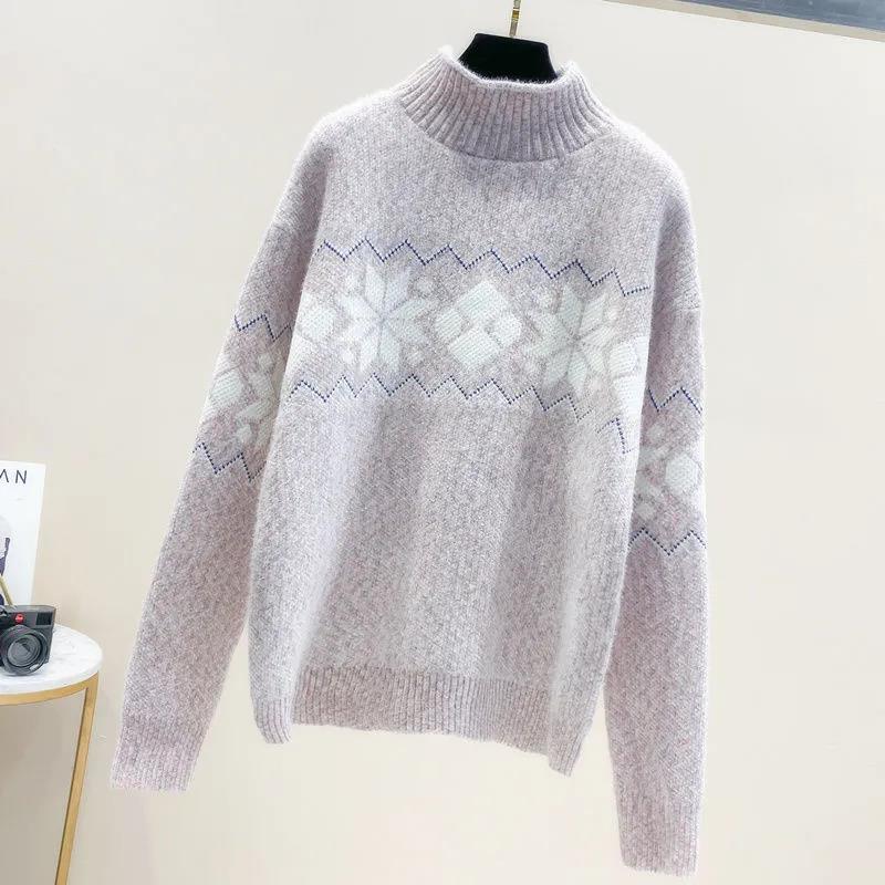 Women's Faux Mink Half Turtleneck Pullover Sweater Snowflake Embroidery Plus Size Sweater