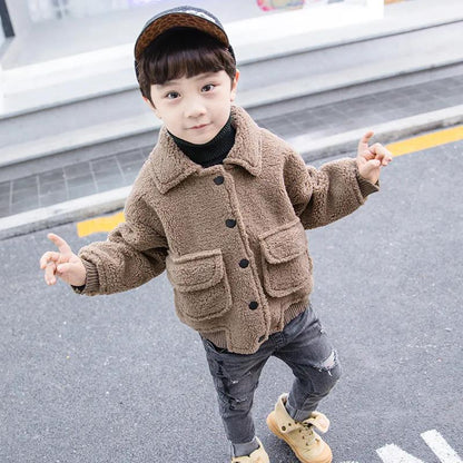 Boys Winter Lamb Wool Coat Plus Velvet Thickening Children's Handsome Trendy Clothes Baby Autumn and Winter Warm Jacket