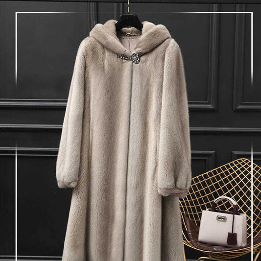 Imitation Mink Fur Coat Women's Mid-length Fur Coat Hooded Ladies Warm Loose Soft Coat Thin Cotton Jacket