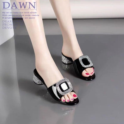 Summer Thick-heeled Middle-heeled Slippers Women's Buckle One-word Slippers Are Comfortable To Wear
