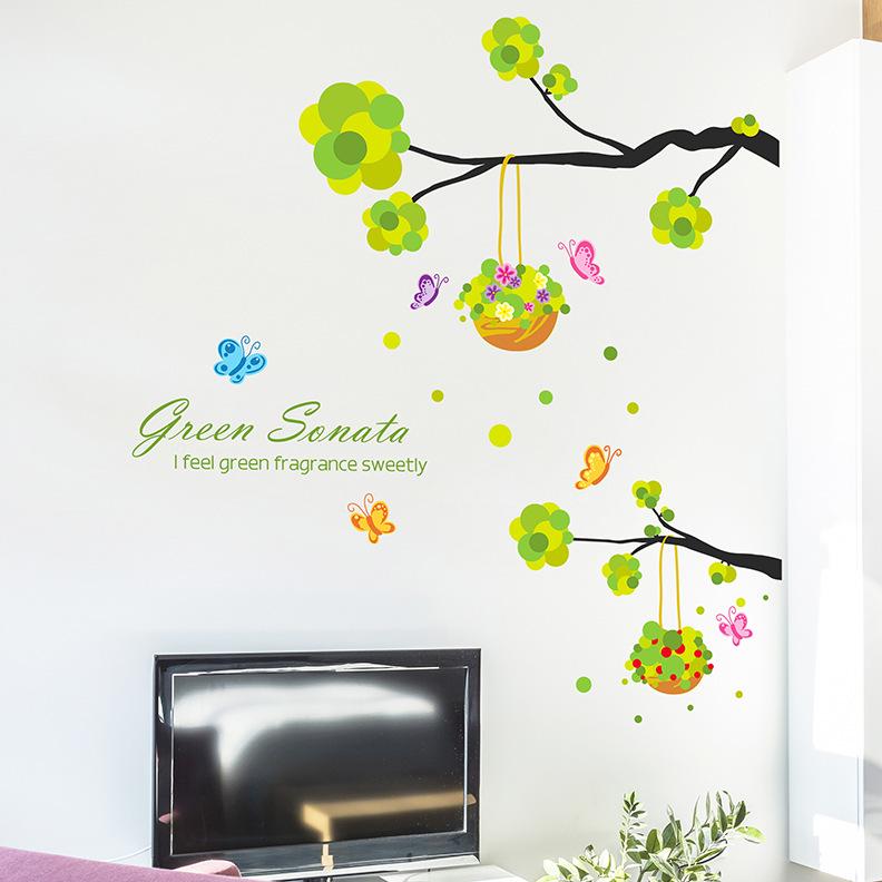 [Twig basket] third generation removable wall sticker PVC transparent green plants tree wallpaper
