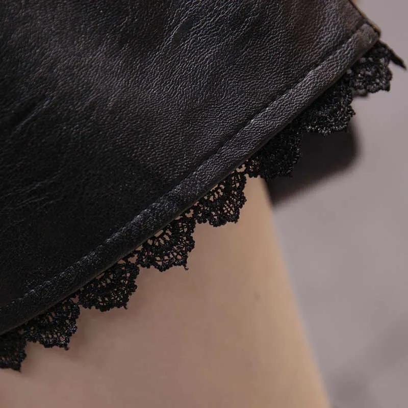 Autumn and Winter Pu Leather Shorts Women's Elastic Waist Large Size Loose Wide-leg Pants Lace Edge Bottoming A-line Boots Pants