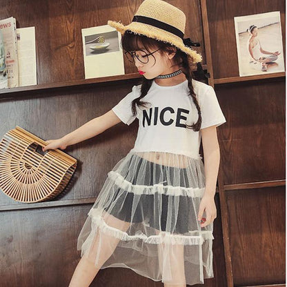 Summer Girls Tutu Dress Baby Dress Kids Dress Children Vestidos Toddler Dress Letter See Through Mesh Patch 2 To 7 Yrs