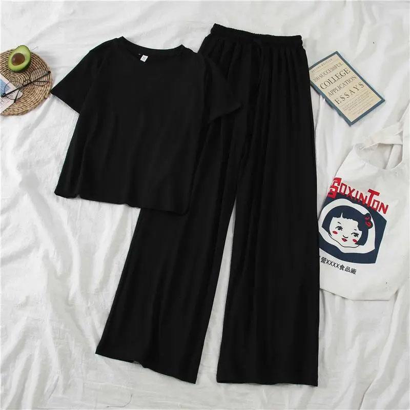 2PCS Women's Spring and Summer Leisure Suit Lazy Korean Style Thin Sportswear Short Sleeve T-Shirt Top + Wide Leg Pants Two-piece Sets