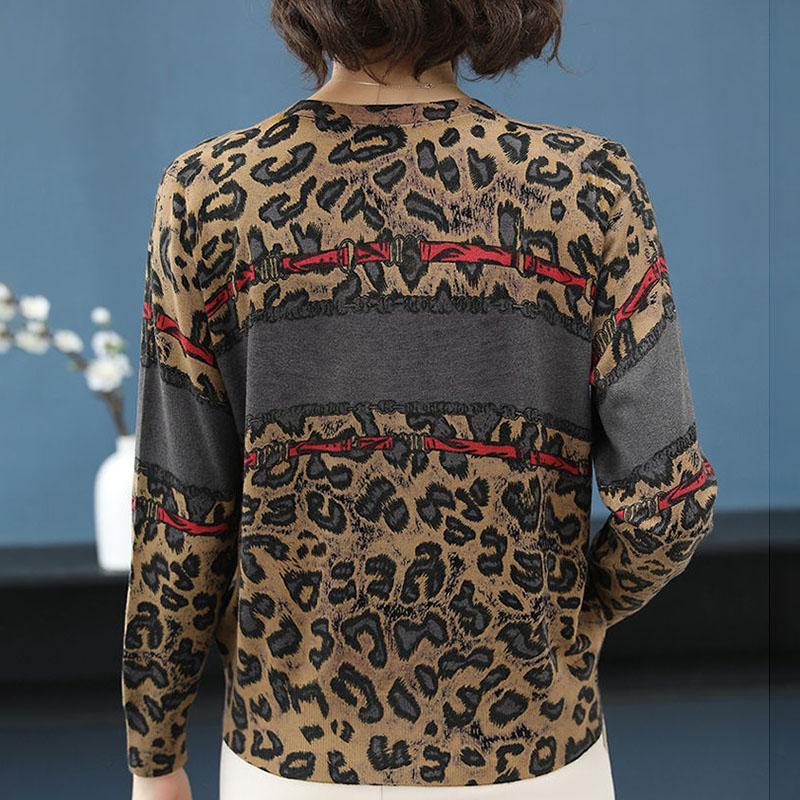 Women's Printed Wool Cardigan Thin Knitted Leopard Cardigan All-match Short  V-neck Knit Jacket Outwear