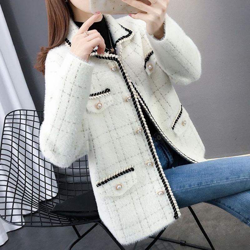 Autumn and Winter Casual Knitted Cardigan Fashion Lapel Long-sleeved Sweater Korean Plaid Jacket