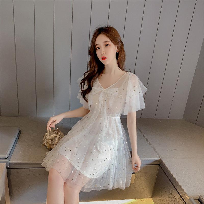 Sexy Sweet Woman A-line Skirts V-neck Veil Decorative Stars Shiny and Beautiful Folds Ruffle Bow Dress Bar Wedding Party