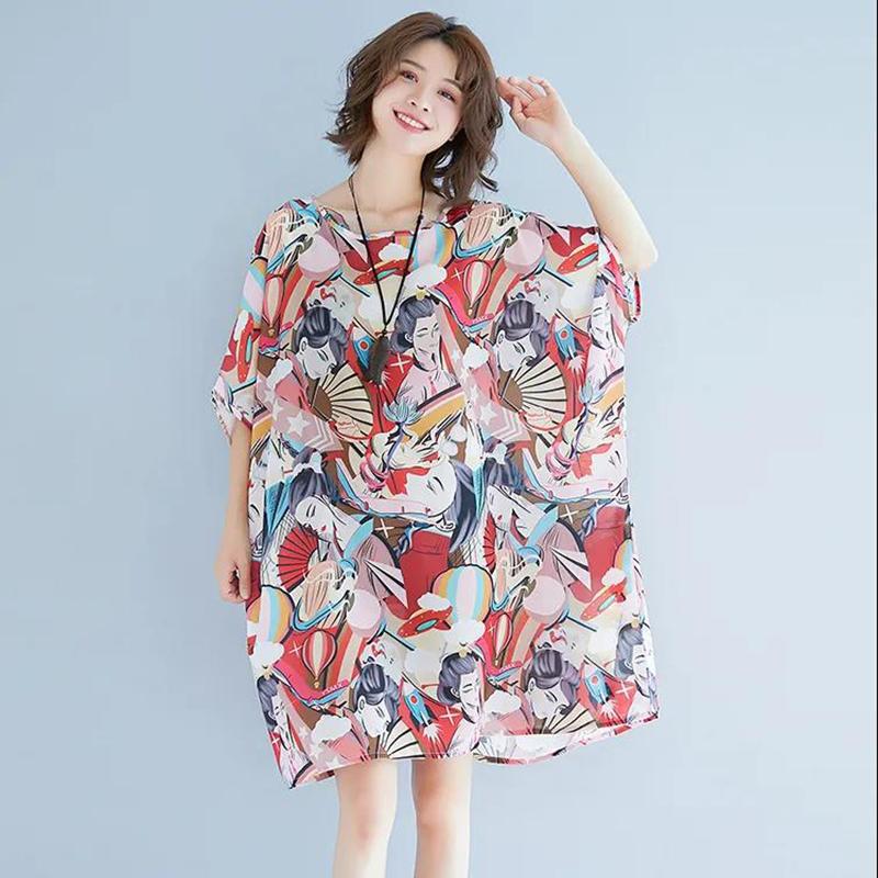 Large Size Women's Dress Loose and Thin Printing Retro Ethnic Style Women's Round Neck Short Sleeve Loose Mid-length Skirt Light and Breathable Fabric