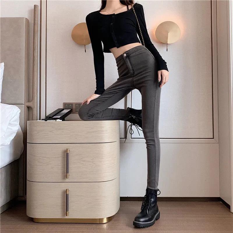 Straight-leg Jeans Women's High Waist Tight Elastic Bag Hip Ninth Trousers Slim Fit All-match Thin and High Pencil Pants Trend