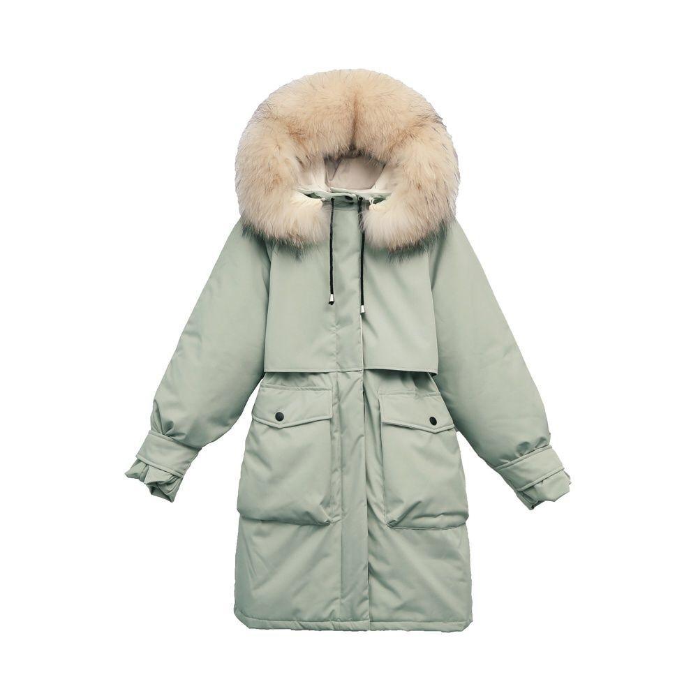 Faux Fur Collar Mid-length Down Jacket Women's Length Over The Knee, Large Size, Thicker, Loose Waist and Slim