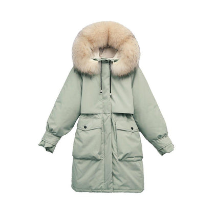 Faux Fur Collar Mid-length Down Jacket Women's Length Over The Knee, Large Size, Thicker, Loose Waist and Slim