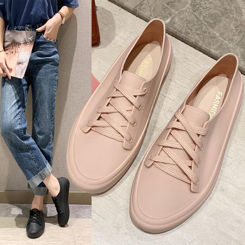 Women Flats 2020 Arrival Antiskid Lace Up Round Toe Casual Shoes Outdoor Water Proof Comfortble Soft Women Jelly Shoes