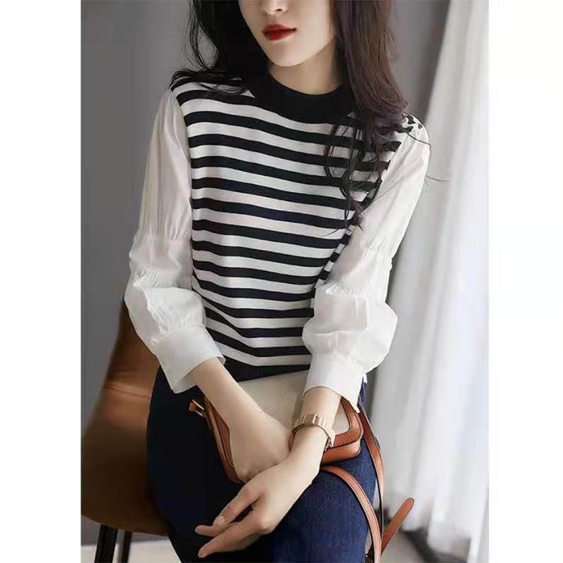 Striped Color-blocking Shirts Knitwear Women's Tops Western-style Sweet Bottoming Shirts