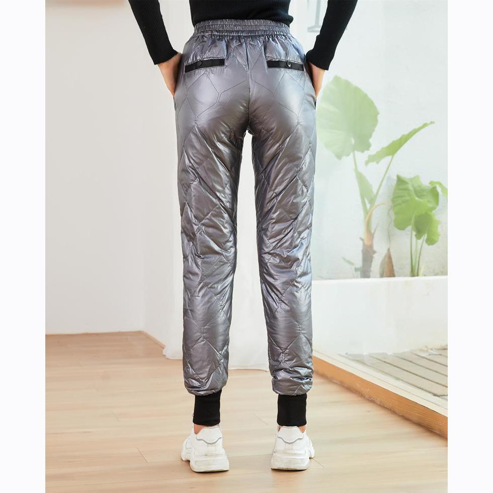 Winter Warm Thick Women Down Pants Casual High Waist Glossy Diamond Patchwork Button Harem Pants for Long Trousers