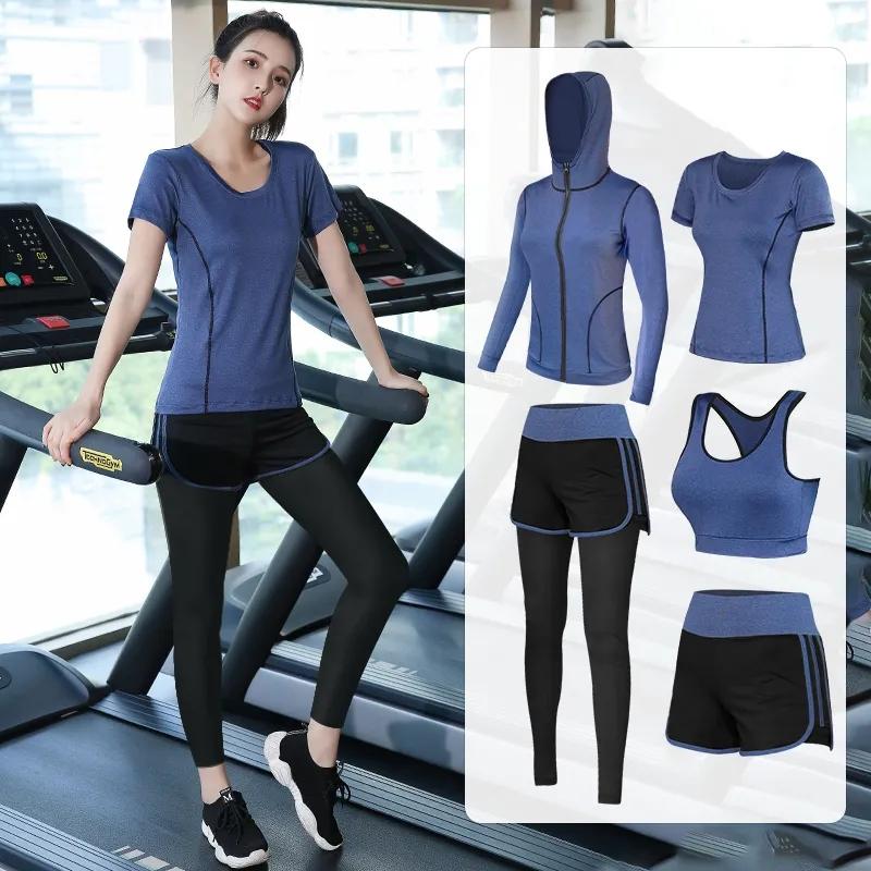5PCS Women's Sports Suit Four Seasons Yoga Clothing Suit Running Sportswear Running Suit Gym Fitness Clothing Active Wear Elastic Stretch Outwear
