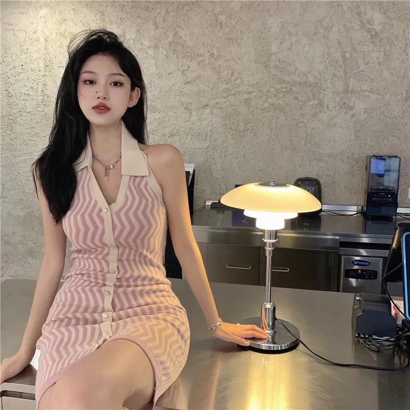 Knit Stripes Sexy Turn-down Collar Sleeveless Women Tight-fitting Hip Dress Bodycon Summer Button Closure