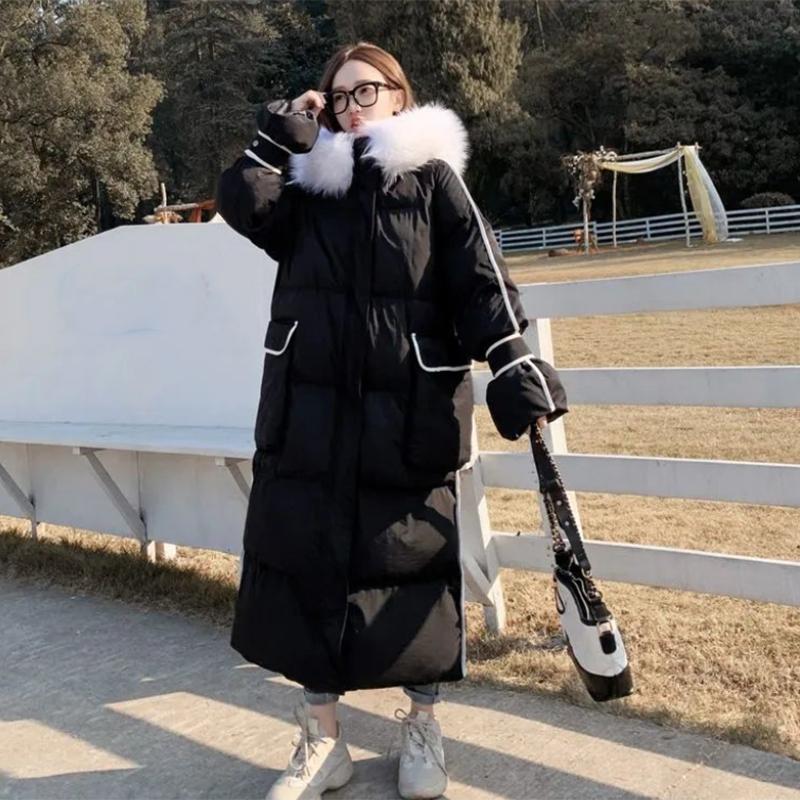 Women's Glossy Loose Down Jacket Mid-length Korean Thick Coat Warm Cotton Coat with Big Fur Collar Winter Quilted Jacket