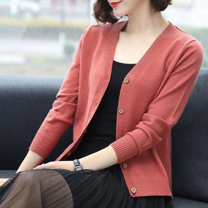 Spring and Autumn Korean Style Top Loose V-neck Cardigan Sweater Short Slim Slimming All-match Sweater Coat Gown