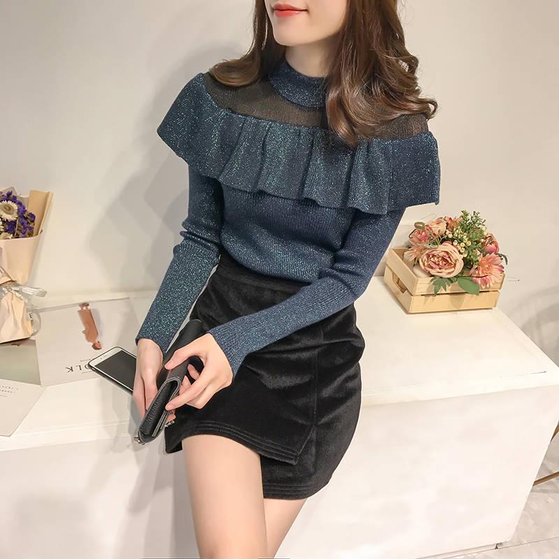 Bright Silk Ruffled Glitter Gold Thread Pullover Long sleeve Knitted Bottoming Sweater