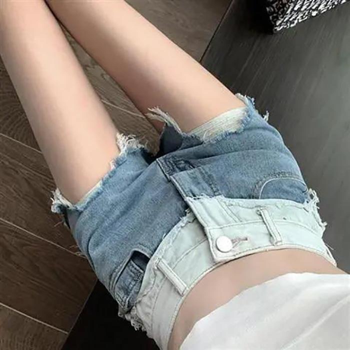 WTEMPO Color Gradient Stitching Denim Shorts Women Loose Spring and Summer Wide Leg A-line Thin Curled Bottom Casual Shorts