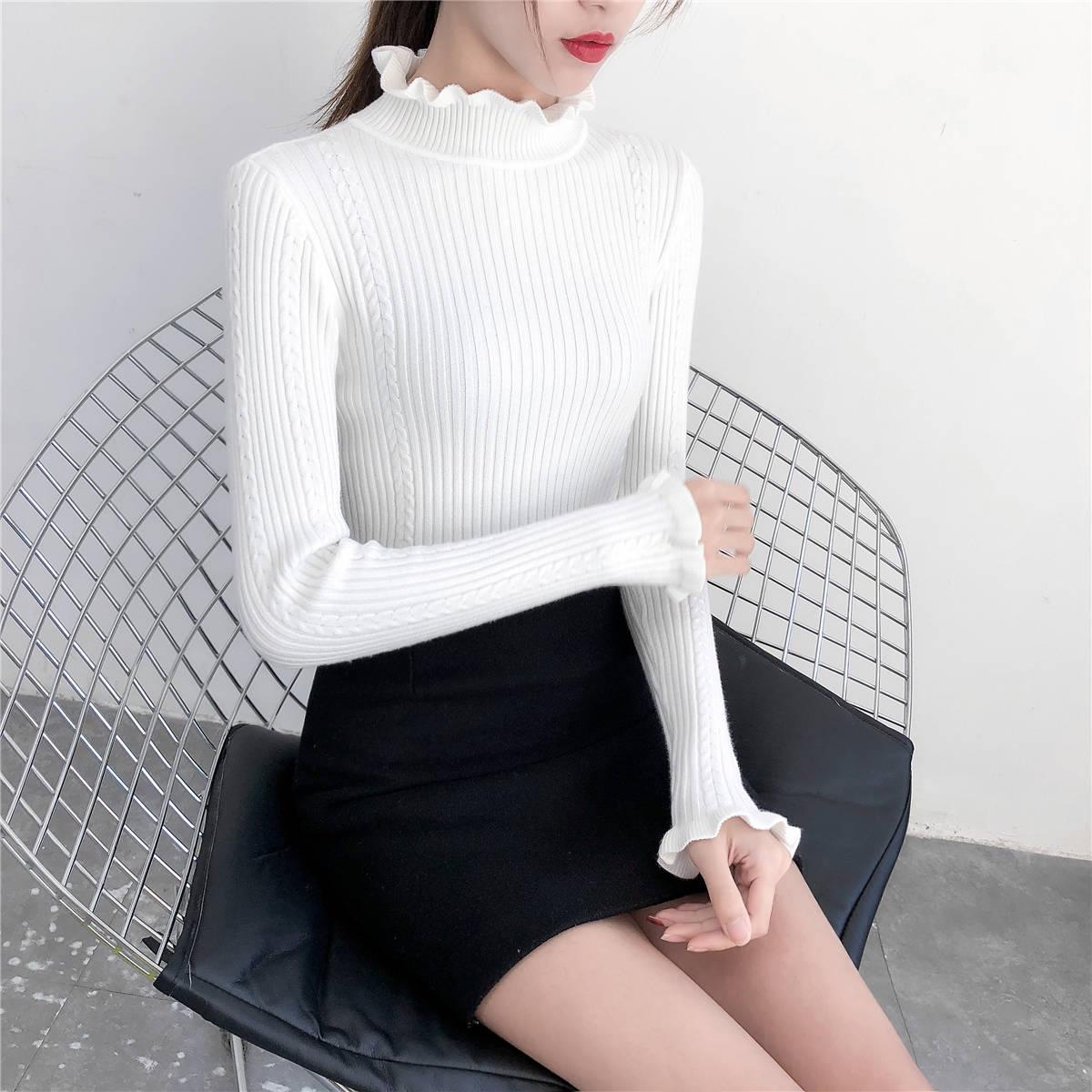 Sweater Women Knitted Ribbed Pullover Sweaters Long Sleeve Turtleneck Slim Jumper Soft Warm Pull