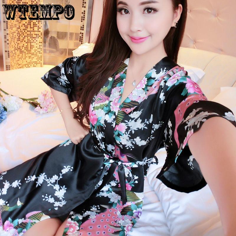Women Sexy Silk Satin Knee Length Robe Bathrobe Peacock Floral Print Kimono Pajamas Cardigan