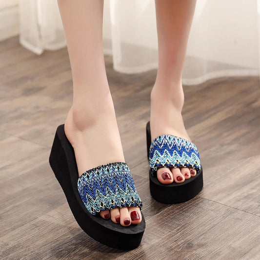 Summer One Word Slippers Girls Wear Fashion Wedge Heel Beach Shoes Non-slip Sandals