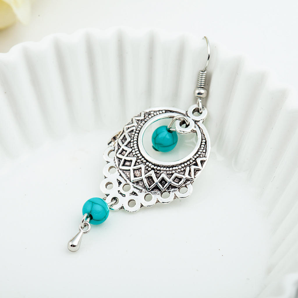 Fashion Vintage Ethnic Style Openwork Turquoise Water Drop Earrings Bohemian Tassel Earrings Jewelry
