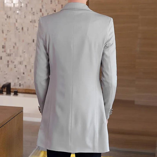 Men Business Suit V-neck Solid Color Coat Slim Windbreaker Casual Trend Parka Long Spring