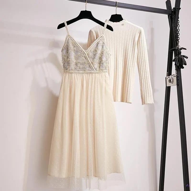 Two-piece Sling Dress Early Autumn Lady Light Mature Wind Waist Waist Small Lady Long Dress Suit