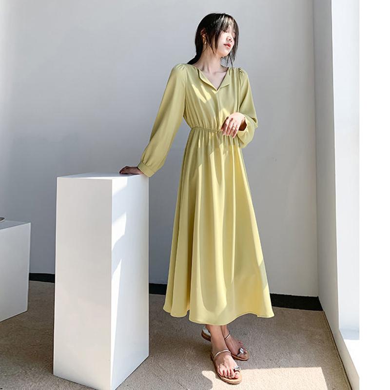 Small Lapel Chiffon Dress Female 2021 Spring and Autumn Waist Loose and Thin Solid Color Small Fresh Mid-length Dress
