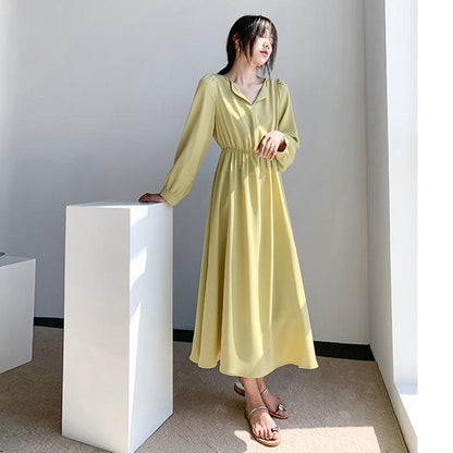 Small Lapel Chiffon Dress Female 2021 Spring and Autumn Waist Loose and Thin Solid Color Small Fresh Mid-length Dress