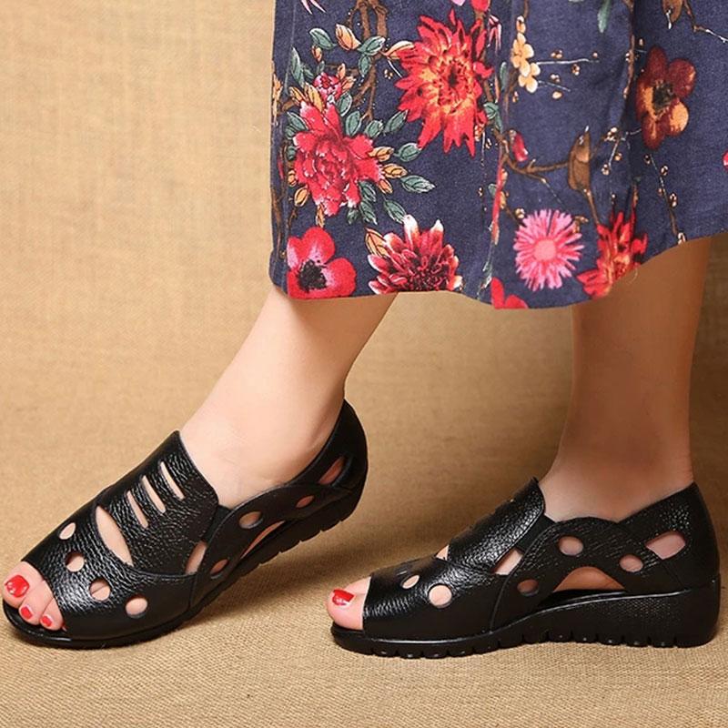 Mother Sandals Leather Soft Sole Middle-aged and Elderly Women's Shoes Non-slip Shoes Fish Mouth Shoes Granny Sandals Casual Shoes Wedges Work Shoes