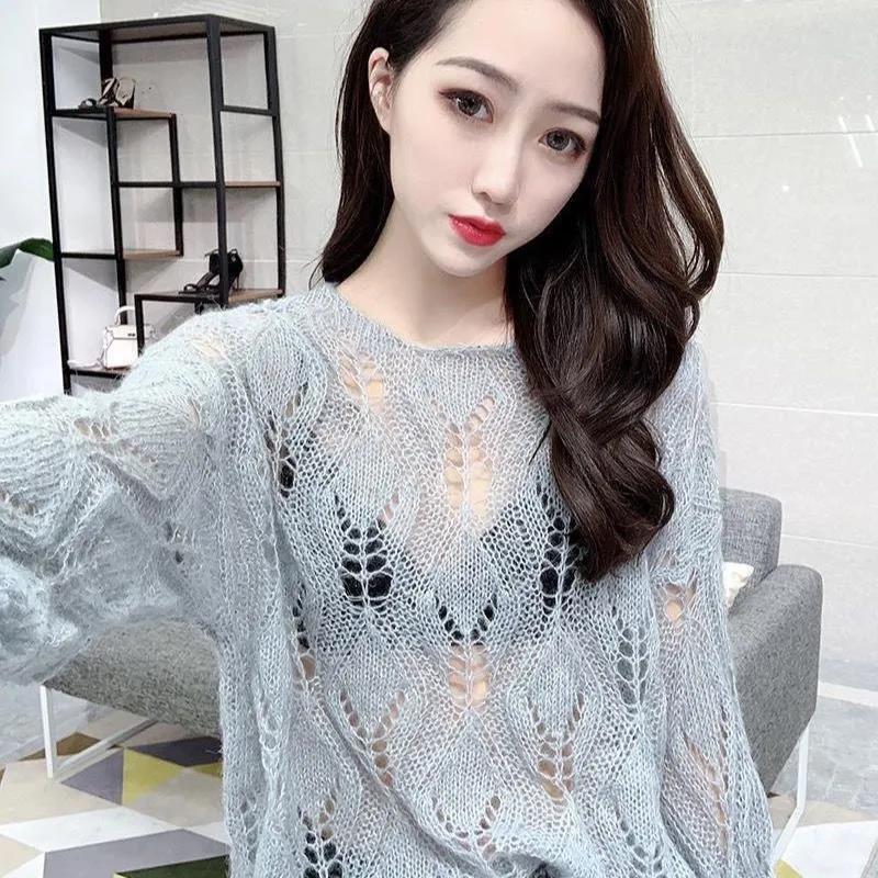 Hollow Women's Sweater Sexy Net Shirt Loose Lazy Wind Bottoming Shirt Ripped Knit Sweater Women's Sunscreen Shirt Sexy Perspective Dress