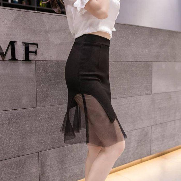 Pofulove S-3XL Women Large Size Black Mesh Skirt High Waist Thin Sexy Bag Hip Skirt A-line Skirts