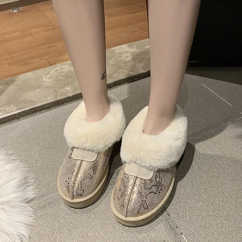 Snow Boots Women's Fur One Low Cut Plus Velvet Thickened Non-slip Wool Cotton Boots Winter Warm Cotton Shoes