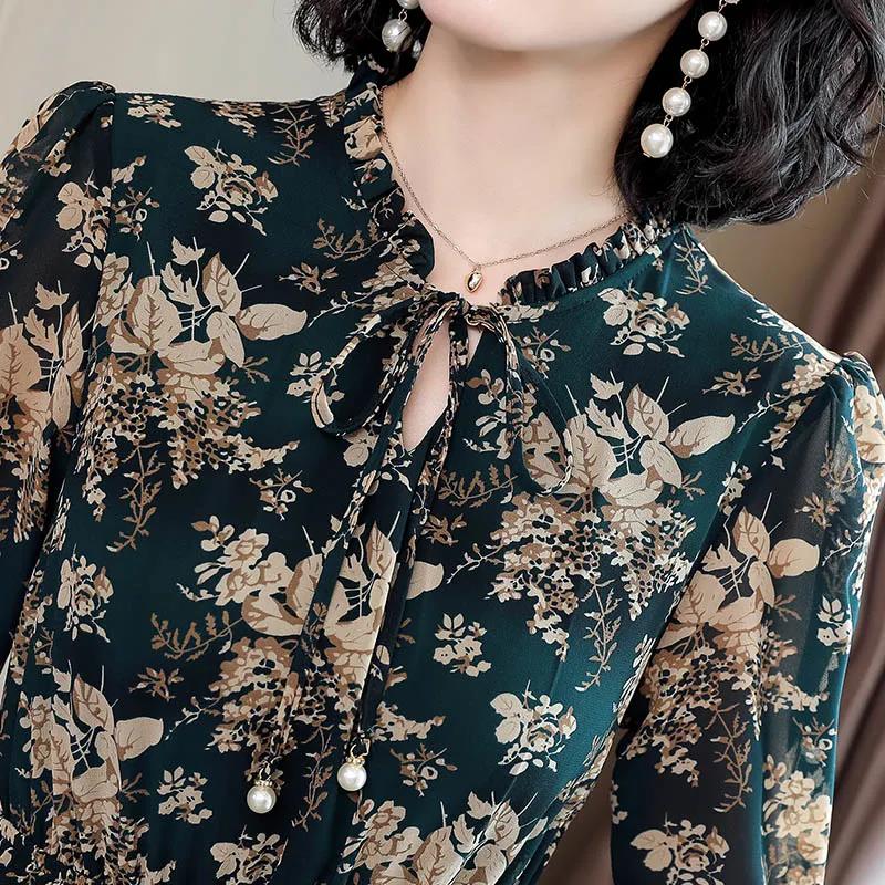 Spring and Autumn Chiffon Dress Long Sleeve Feminine Large Size Long Section Slim Fit Waist Thin Floral Skirt Women Can Be Worn Inside or Outside