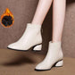 Womens Leather Mid Calf Boots Heels Winter Cowhide Retro Square Toe Buckle High Heels