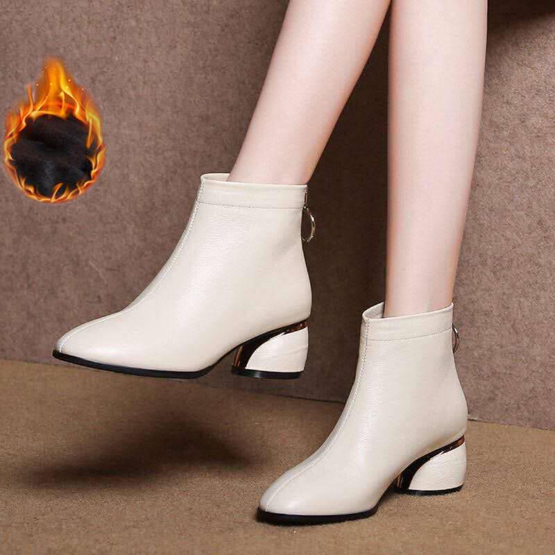 Womens Leather Mid Calf Boots Heels Winter Cowhide Retro Square Toe Buckle High Heels