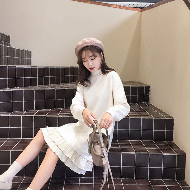 Autumn and Winter Half Turtleneck Sweater Thickened Long Over-the-knee Shirt Color-blocking Ruffled Knitted Dress