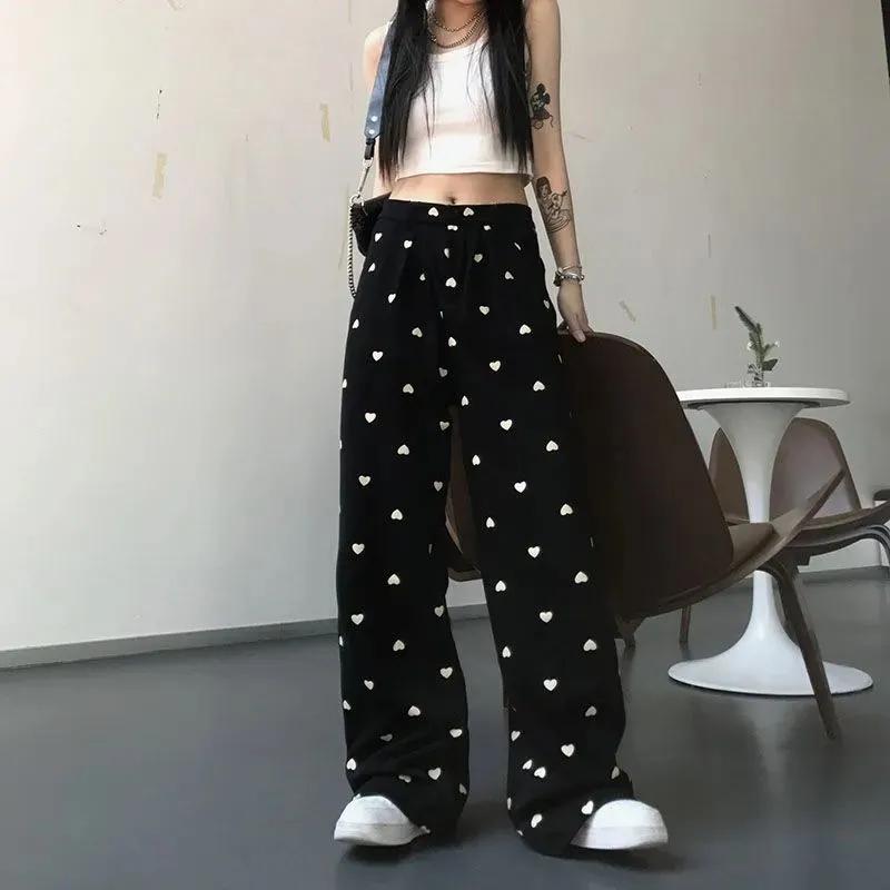 Drooping Loose Wide-leg Pants Women's Summer Heart Print Casual Pants Thin All-match High-waisted Straight-leg Pants Mopping Trousers
