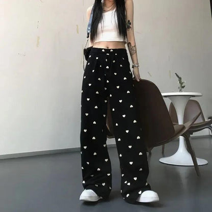 Drooping Loose Wide-leg Pants Women's Summer Heart Print Casual Pants Thin All-match High-waisted Straight-leg Pants Mopping Trousers