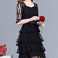 Pofulove M-4XL Women Summer Chiffon A-line Dress Lace Mid-length O-neck Cake Dress Evening Dress