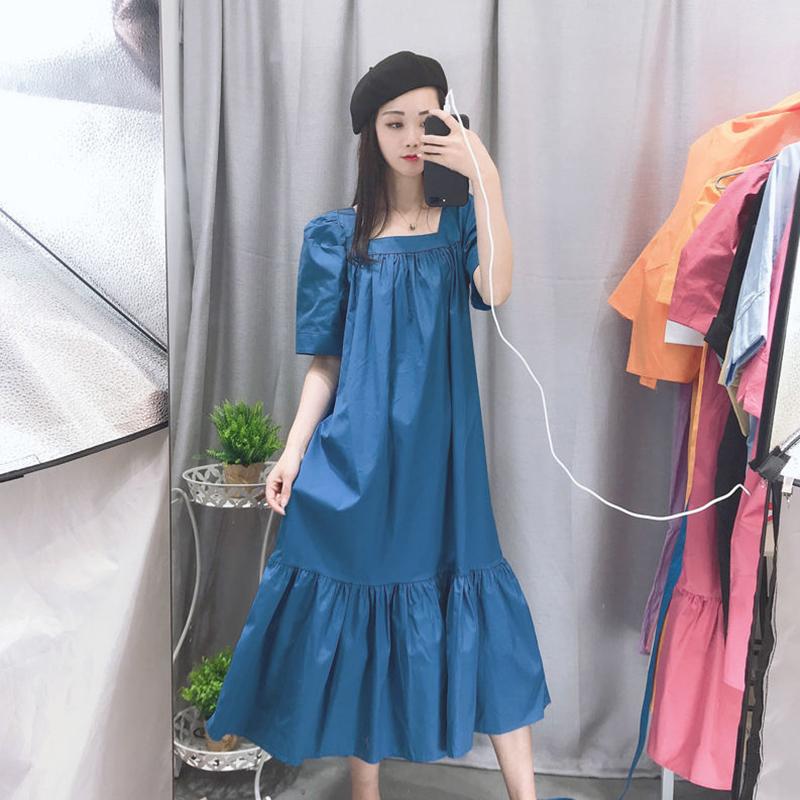 Square Collar Dress Female Summer Retro Puff Sleeve Temperament Was Thin Loose Mid-length Skirt Retro Princess Style Dress