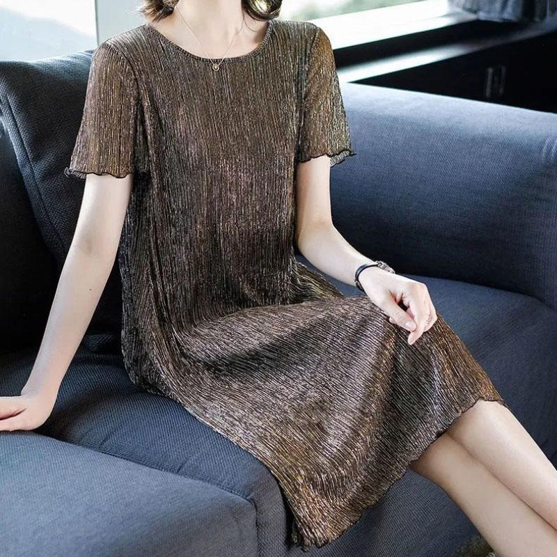 Summer Women Long Large Size Dresses Short Sleeves Solid Color Over-the-knee Long Skirts Casual Women's Pleated Skirts